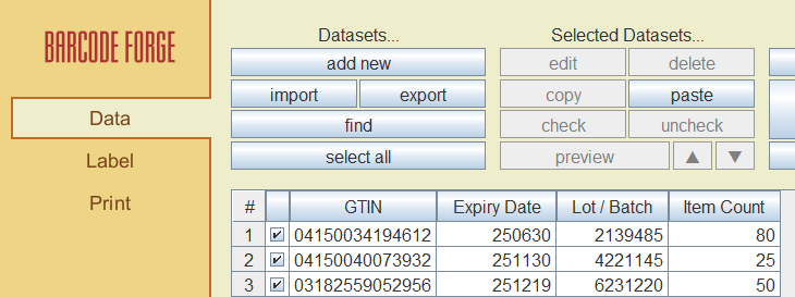 Screenshot table with GS1 data